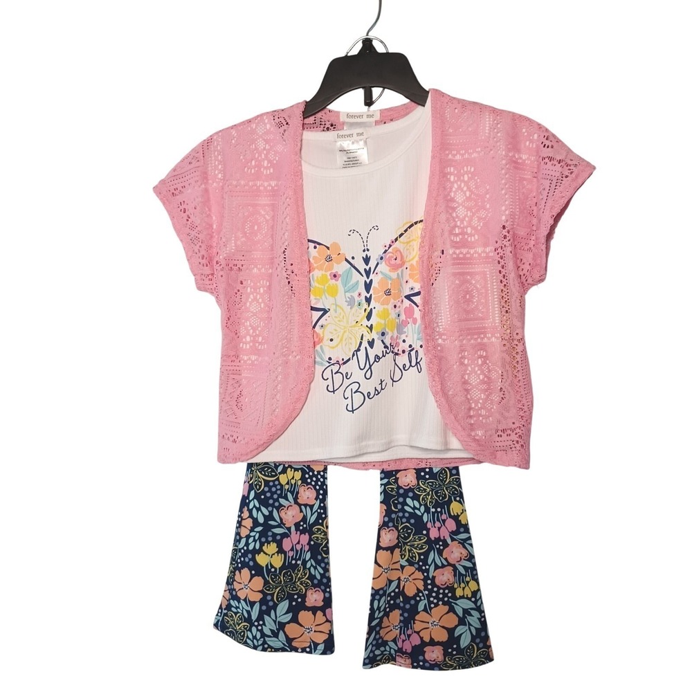 Forever Me 3pc Set Girls XS 4/5 S/S Top, Lace Cardigan, Hippie Floral Pants